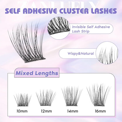 Self Adhesive Cluster Lashes Natural No Glue Eyelash Clusters Self Adhesive Individual Lashes with Clear Strips 10-16MM Wispy DIY Eyelash Extensions by ZANLUFLY