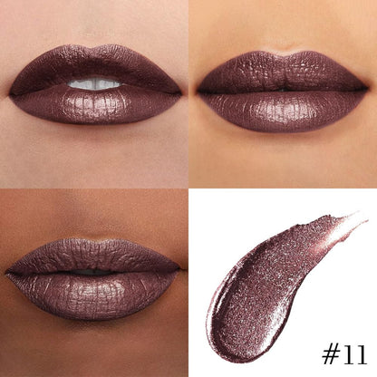 evpct Dark Brown Metallic Glitter Lip Liner and Lipstick Combo Lip Gloss Stain Set Makeup for Women Long Lasting Waterproof 24, Chocolate Metallic Shimmer Frosted Iridescent Shiny Liquid Lipstick 11