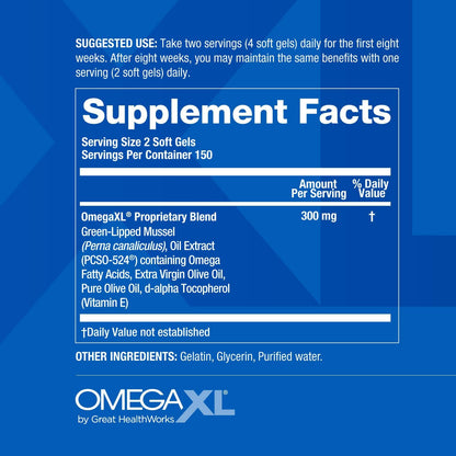 OmegaXL Joint Support Supplement - Natural Muscle Support, Green Lipped Mussel Oil, Soft Gel Pills, Drug-Free, 300 Count
