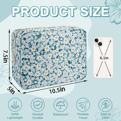 Waterproof Large Floral Makeup Pouch,Nylon Travel Toiletry Storage Purse Preppy Cosmetic Bag for Women Girl,Large Capacity Makeup Organizer Zipper Pouch for Work(L Green-Daisy)