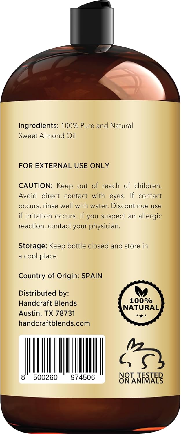 Handcraft Blends Sweet Almond Oil - 28 Fl Oz - 100% Pure and Natural - Premium Grade Carrier Oil for Skin and Hair - Hair and Body - Massage - Hexane-Free