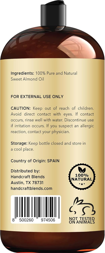 Handcraft Blends Sweet Almond Oil - 28 Fl Oz - 100% Pure and Natural - Premium Grade Carrier Oil for Skin and Hair - Hair and Body - Massage - Hexane-Free
