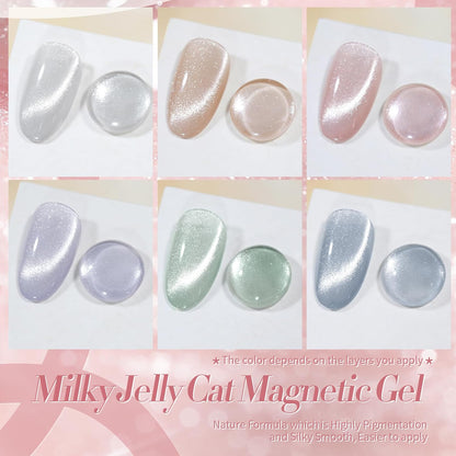 Born Pretty Cat Magnetic Eye Gel Nail Polish, Pastel Milky Jelly Cat Magnetic Gel Pastel Blue Green Purple Pink Nude Silver Nail Art Gel Manicure Salon DIY Gifts 7ML 6PCS