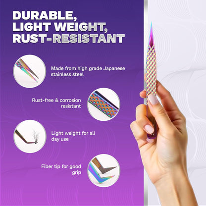 5 Pcs Fiber-Tip Japanese Steel Lash Tweezer Set with Leather Case, Professional Eyelash Tweezers for Lash Extensions – Titanium Coated, 90 & 45 Angled, Precision Pointed Tweezers (Rainbow Color)