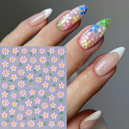 6 Sheets Flower Nail Art Stickers Daisy Nail Art Decals 3D Self-Adhesive Spring Nails Sticker Holographic Pink Blue White Blossom Nails Decal Decoration for Women Floral Manicure Supplies