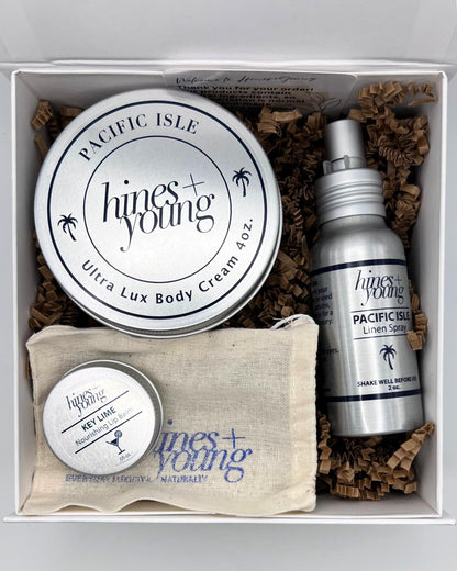 Hines+Young Travel Tins Gift Set - 4 oz Body Cream, 2 oz Linen Spray, Natural Lip Balm - Skin Care and Refreshing Home Fragrance, Ideal Self-Care Gift Set (Pack of 3, Pacific Isle)