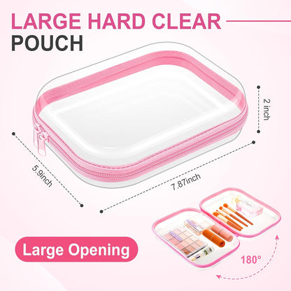 Sanwuta 6 Pcs Clear Hard Zipper Case Pencil Pouches Hard Plastic Zipper Pouches Makeup Bag Transparent Cases for Snacks Plastic Storage Organizer Box for Travel(Pink,7.87 x 5.9 x 2 Inch)
