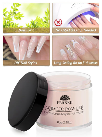 EBANKU Nude Pink Acrylic Powder for Nails, Long Lasting 3D Fingernail Carving & Nail Extensions, Professional Colors Acrylic Powder for Manicure, No Nail Lamp Needed, 60g/2.1oz*2Pcs