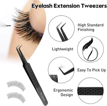 Ms.Queen Lash Tweezers for Eyelash Extensions, Diamond Grip 90 Degree Fiber Tip Volume Lash Extension Tweezers,Black