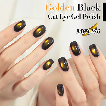 Double Rhythm Jelly Glass Cat Eye Gel Polish with Magnet 15ML Holographic Glitter Shimmer Translucent Sheer Color Magnetic Nail Polish Salon DIY at Home (Golden Black-MC1256)