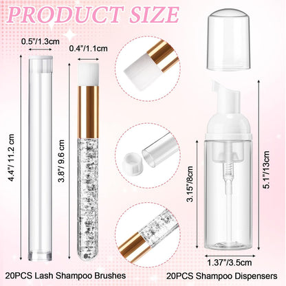 Zhehao 80 Pcs Lash Shampoo Bottle Brushes Kit 20 Foam Pump Dispensers 20 Lash Shampoo Brushes 20 Eyelash Aftercare Bag 20 Cleaning Pipes, Eyelash Extension Supplies(White, Sliver)