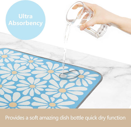 SHIYUE Dish Drying Mat for Kitchen Counter Super Absorbent Spring Kitchen Decor Microfiber Drying Matainers Rack Fast Pad Dish Drainer Mats(Sky Blue Flower,16''x18'')