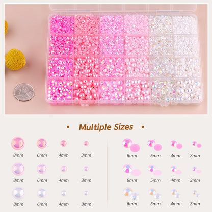 9000PCS Flatback Pearls and Rhinestones for Bedazzling, Pink White Mixed Size 3-8mm Resin Rhinestones and Half Pearls for Crafting, Nail Art and Grad Cap Decoration with Tweezers and Pickup Pencil