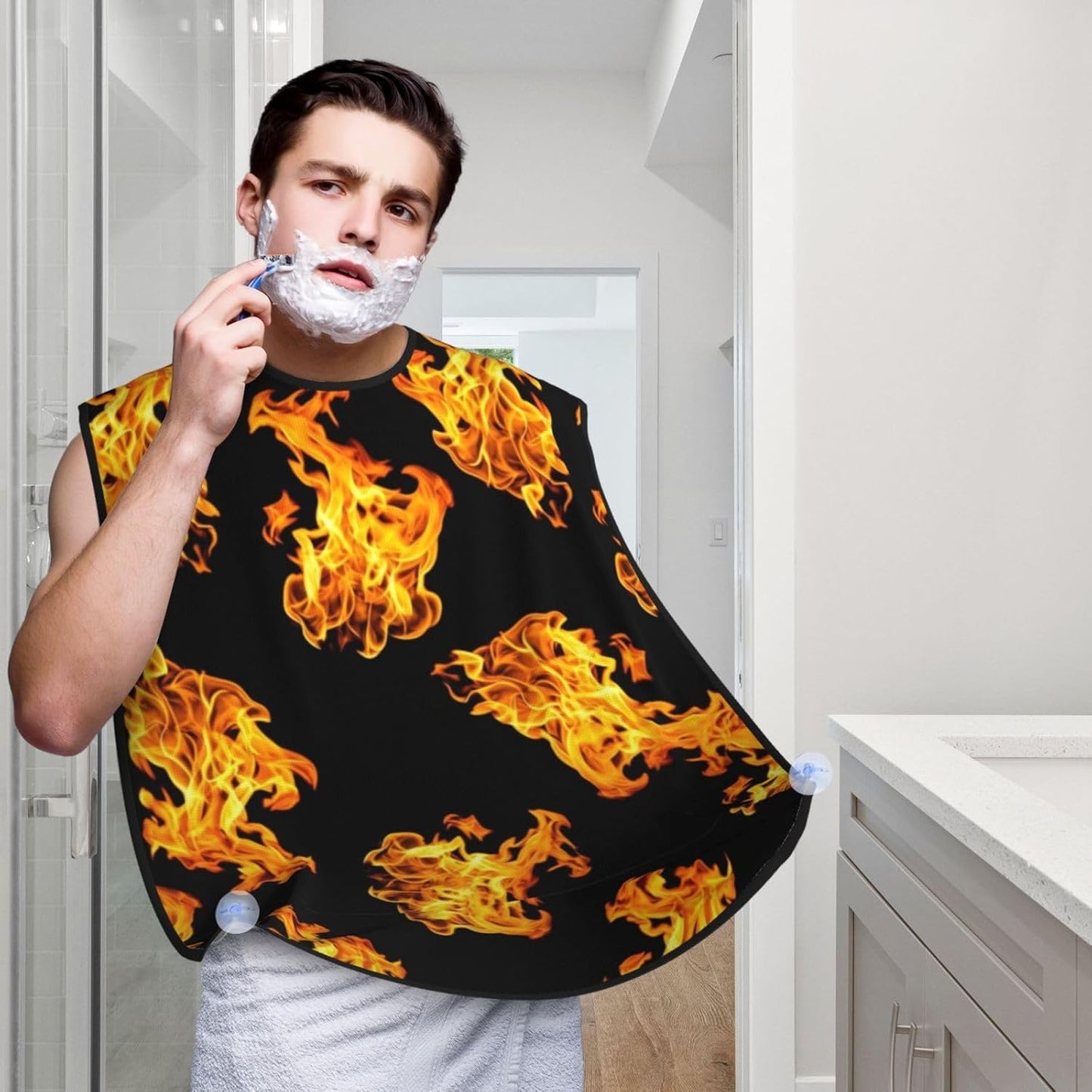 Adjustable Beard Bib, Non-Stick Hair Catcher Cape for Men's Shaving, Waterproof with 2 Suction Cups, Flame Fire Shave Bib
