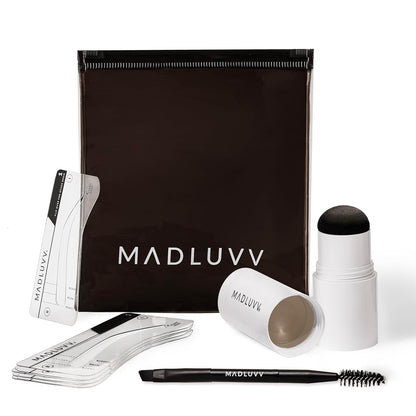 MADLUVV Brow Stamp Kit with Brow Stencils – Easy Eyebrow Shaper for Natural-Looking Brows – Popular Eyebrow Stencil Kit Used by Professionals – 9 Shapes, Spoolie, Travel Bag & Stamp (Taupe)