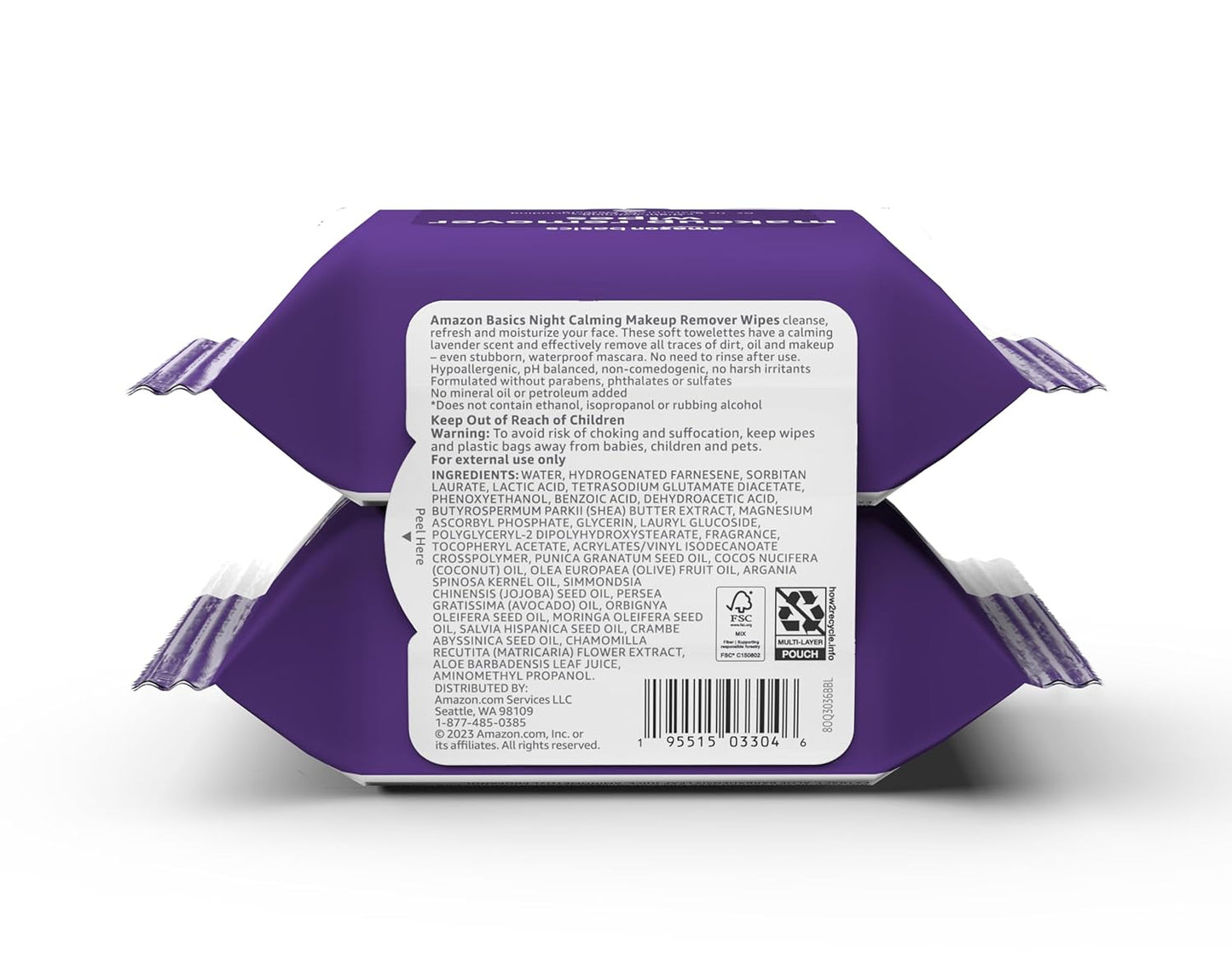 Amazon Basics Makeup Remover Wipes, Gentle Cleansing, Dermatologist Tested, Night Calming, Plant Based, Alcohol Free, Removes Waterproof Mascara, 25 Count Per Pack, Pack of 2 (Previously Solimo)