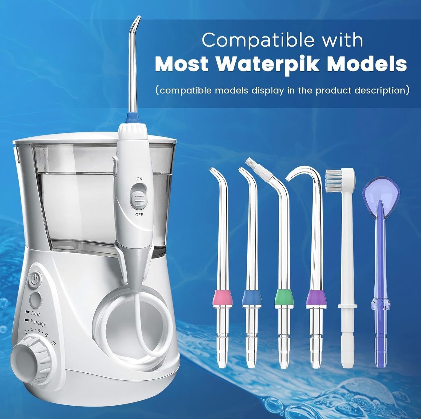 Replacement Tips for Waterpik, Water Flosser Replacement Heads Parts for Waterpik Oral Irrigator (Aquaflosser 6 Tips Tongue Combo & Storage Case Bundle)