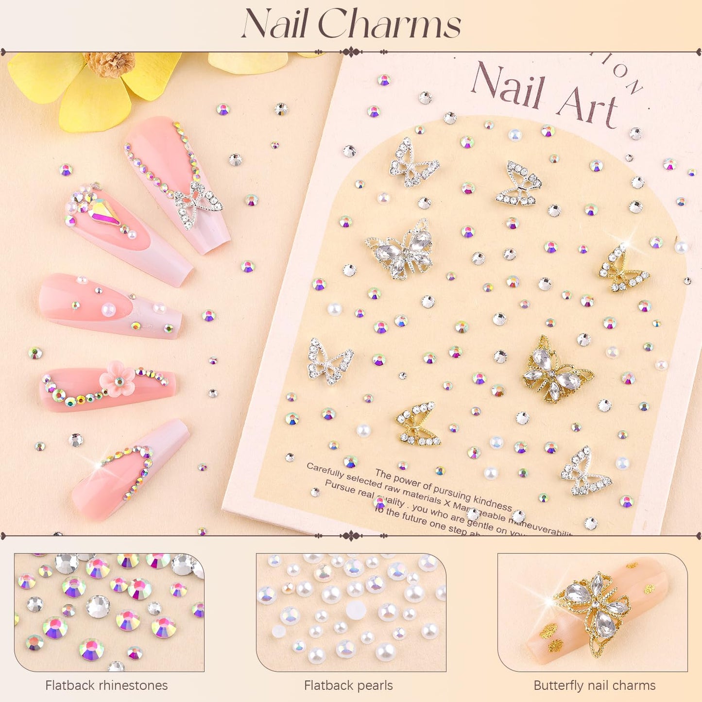 50Pcs 2 Styles 3D Butterfly Nail Charms and Flatback Gems Pearl, Silver+Gold Shiny Luxury Gems, Crystal Jewels Studs with Rhinestones for Nail Design, Nail Art Decoration Set for Acrylic Nails