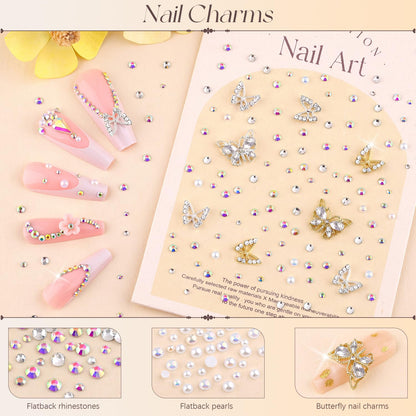 50Pcs 2 Styles 3D Butterfly Nail Charms and Flatback Gems Pearl, Silver+Gold Shiny Luxury Gems, Crystal Jewels Studs with Rhinestones for Nail Design, Nail Art Decoration Set for Acrylic Nails