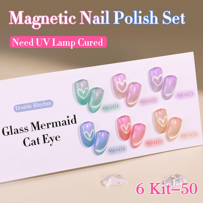 Double Rhythm 6 Colors Cat Eye Gel Polish Set Shimmer Glitter with Magnet Holographic Reflective Magnetic UV Nail Art Kit (6-Kit-50)