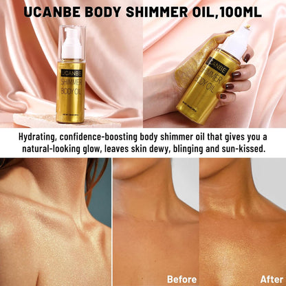 UCANBE Body Shimmer Oil - 100ml Moisturizing Face & Body Glow Glitter Luminizer Liquid Illuminator Highlighter, Waterproof, Tinted Glowing Bronzer (Gold)