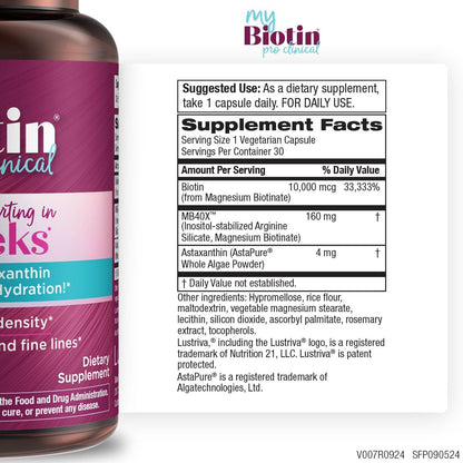 Purity Products MyBiotin ProClinical – Thicker Hair Starting in 3 Weeks & Fights Wrinkles - MB40X Patented Biotin Matrix w/Astaxanthin - 40X More Soluble vs Ordinary Biotin 30 Veg Cap