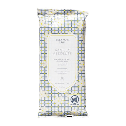 Beekman 1802 Face & Body Wipes, Vanilla Absolute - Scented - 30 Count - Cleanses Dirt & Makeup - With Goat Milk, Aloe & Vitamin E - Alcohol Free, Biodegradable - Good for Sensitive Skin - Cruelty Free