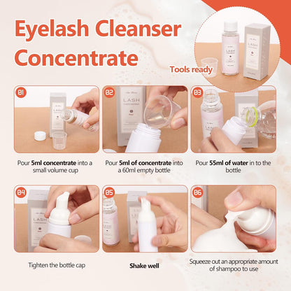 Lash Shampoo Concentrate 100ml Lash Extension Cleanser Oil-Free Eyelash Extension Shampoo with Salon Home Care -Makes 20 Bottles 60ml Lash Shampoo,Peach