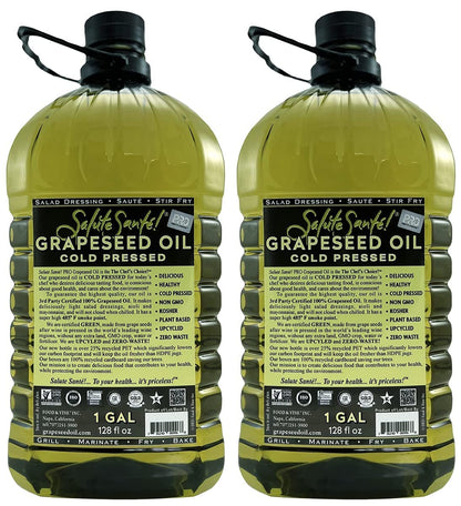 Cold Pressed Grapeseed Oil by Salute Sante! High Temperature Cooking, Healthy Grape Seed Oil, Non-GMO and Kosher for Salad Dressings, Marinades and Dips, Vegan, 1 Gallon, 2 Pack