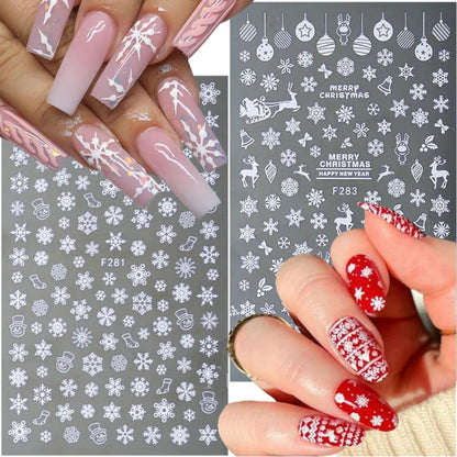 8 Sheets Snowflakes Nail Stickers- 3D Christmas Nail Art Stickers Self-Adhesive Winter Nail Decals White Gold Snowflake Balls Elk Designs Christmas Sticker for Nail Art Women DIY Xmas Nail Decoration