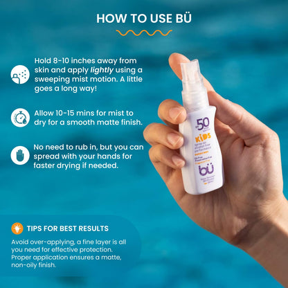 BU SPF 50 Kids Sunscreen Spray for Face and Body, Non Aerosol Spray, Fragrance Free, Clear, Non Greasy, Water Resistant, Fragrance Free 1 oz (3 Pack)
