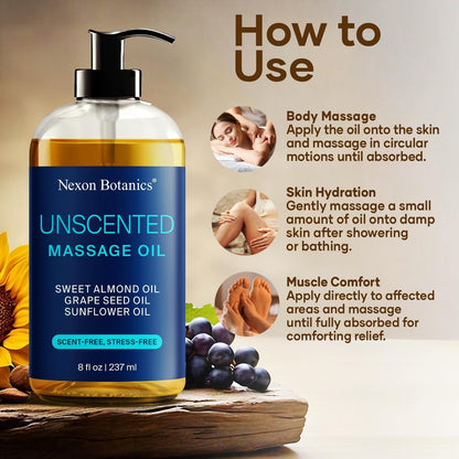 Unscented Massage Oil for Massage Therapy 8 fl oz - Refreshing and Relaxing - Natural Oils with Sweet Almond, Grape Seed and Sunflower Oil - for Men and Women - Nexon Botanics