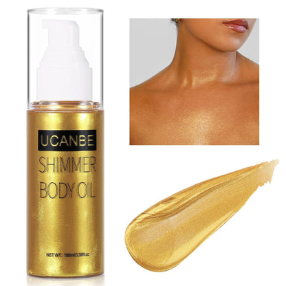UCANBE Body Shimmer Oil - 100ml Moisturizing Face & Body Glow Glitter Luminizer Liquid Illuminator Highlighter, Waterproof, Tinted Glowing Bronzer (Gold)