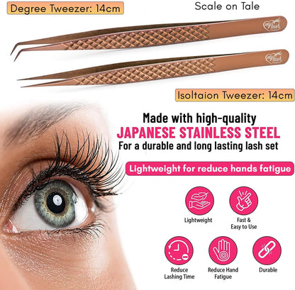 2pcs Curved & Straight Isolation Tweezers for Eyelash Extensions – 14cm Stainless Steel, Copper color Tweezer Set, Best for Classic & Individual Lashes, Professional Pinzas para Pestaña