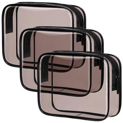 PACKISM Clear Makeup Bags - 3 Pack Tsa Approved Toiletry Bag with Zipper, Water-resistant Cosmetic Bags Travel Size Toiletries Fit Essentials, Carry-on Clear Travel Bags, Black Brown