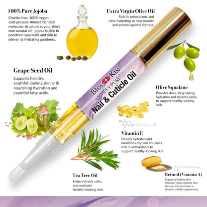 Bliss Kiss | 1 Lavender Vanilla | Nail Oil Cuticle Pen w/Vitamin E & Jojoba⏤Nail Strengthener Nail Growth Serum for Brittle Peeling Breaking Thin Nails