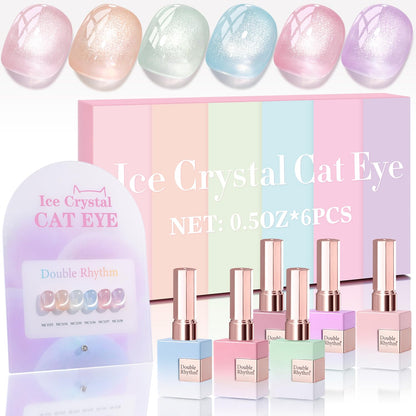 Double Rhythm Cat Eye Gel Nail Polish Set of 6 Same Color Same Bottle 0.5 Oz Shimmer Glitter with Magnet Holographic Reflective Magnetic UV Nail Polish Kit (Silver Nude Pink Blue Purple-T6-28)