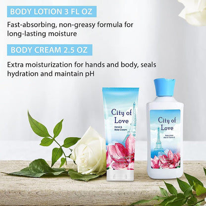 Bath & Body Kit - Body Lotion, Shower Gel, Body Cream, and Fragrance Mist, 3 Fl Oz each, in City of Love, Ideal Skincare Gift Home Spa Set for luxurious indulgence