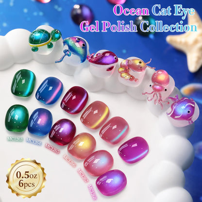 Double Rhythm Cat Eye Gel Nail Polish Set of 6 Same Color Same Bottle 0.5 Oz Shimmer Glitter with Magnet Holographic Reflective Magnetic UV Nail Polish Kit at Home (Glass Galaxy Green-T6-59)