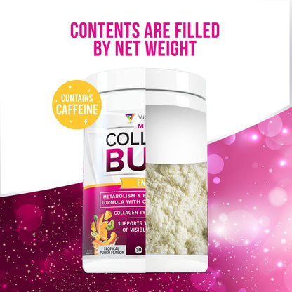 Multi Collagen Burn: MultiType Hydrolyzed Protein Peptides with Hyaluronic Acid, Vitamin C, SOD B Dimpless, Types I, II, III, V and X, with Caffeine 30 Servings Tropical Punch Flavored