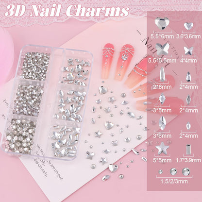 Flatback Pearls (White) and Metal Nail Beads and Glass Rhinestones with Rhinestones Glue Gel for Nail Art, Pearl Nail Charms and Round Caviar Beads Multi Shapes Crystals Gems for Manicure Decor