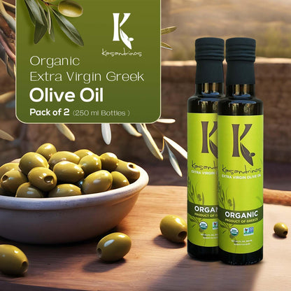 Kasandrinos Organic Olive Oil Extra Virgin, Polyphenol Rich Greek Olive Oil, 100% Organic First Cold Pressed, Mild + Delicate Flavor, Verified by Non GMO, 250 ml / 8.5 oz (Pack of 2)