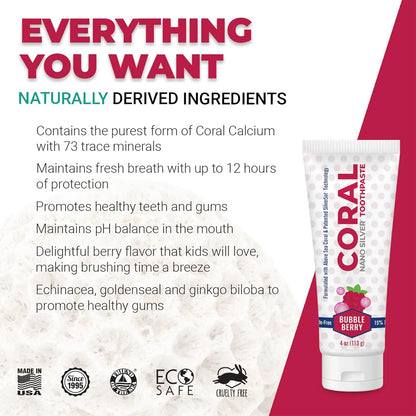 Coral Nano Silver Bubble Berry Kids Toothpaste, Natural Fluoride Free Teeth Whitening Toothpaste, Coral Calcium Nano Silver Infused SLS Free - 4 Ounces