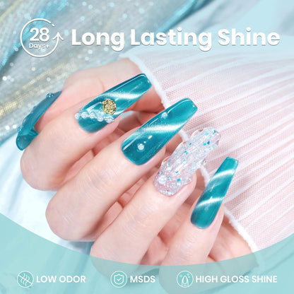 Beetles Blue Cat Eye Gel Polish, 15ML Blue Glass Cat Eye Glitter Gel Polish with Magnet Shimmer Translucent Sheer Color Soak Off UV Tide beam Series French Nail Art Dsign Gift for Women