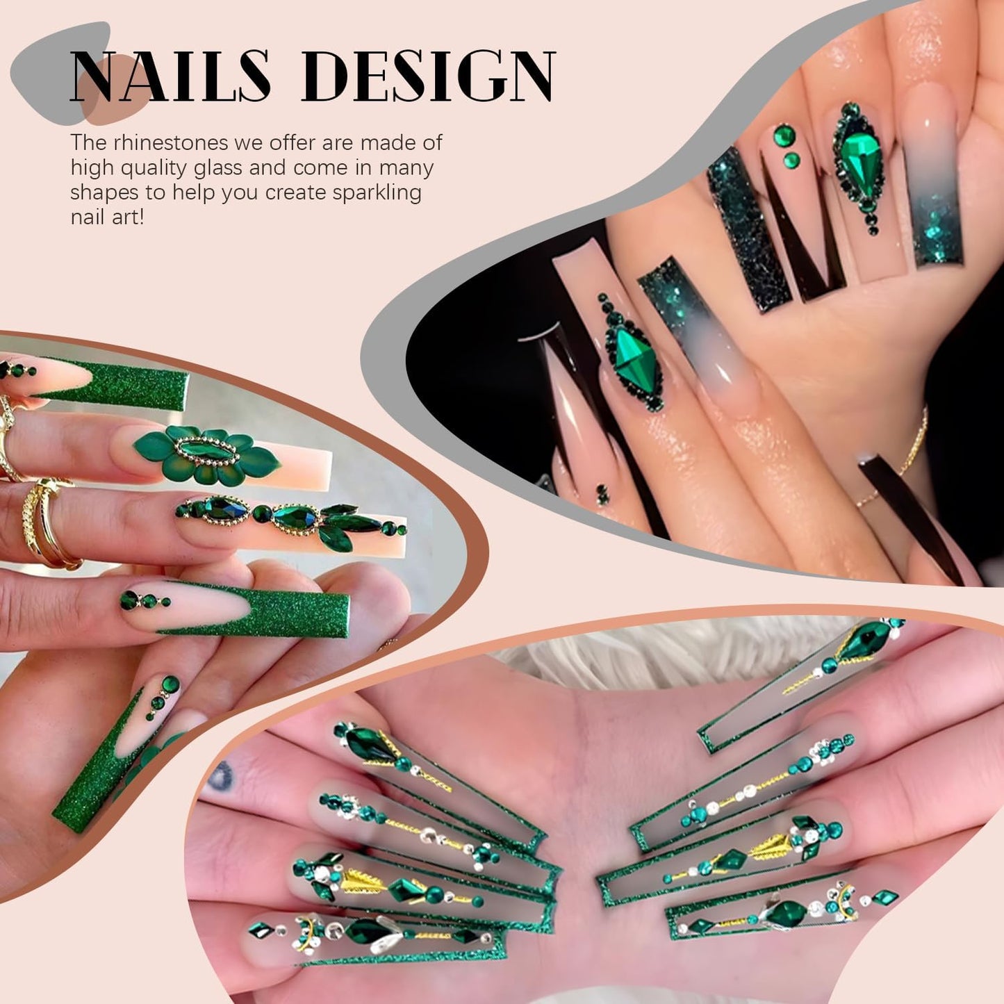 2680Pcs Emerald Green Glass Nail Rhinestones 120Pcs Multi Shapes Flatback Nail Gems + 2560Pcs 1.5-4mm Round Crystal with Rhinestone Glue Gel, Manicure Nail Charms Diamond Gemstone for Nail Art