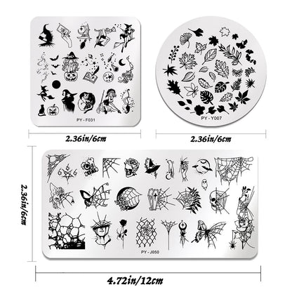 6Pcs Halloween Nail Stamping Plates Fall Maple Leaf Nail Stamper Template Kit Ghost Bat Skull Spider Web Design Nail Decorations Supplies