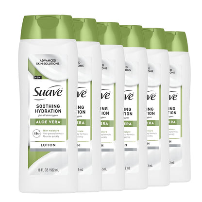 Suave Soothing Hydration Hand & Body Lotion With Aloe Vera Refreshes Dry Skin, Fast Absorbing, Intensive Moisturizing Cream For Women, Non Greasy, Allergen Free, 18 FL OZ, 6 Pack