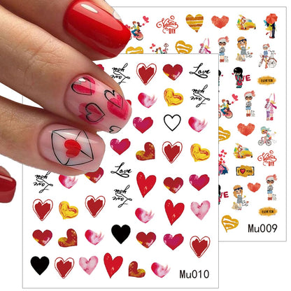 6 Sheets Valentine's Day Nail Art Stickers - Self-Adhesive 3D Heart Supplies, Sexy Lips, Romantic Red Love Letter Design Decals for Women Girl DIY Decoration