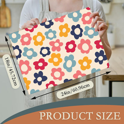 Vintage Groovy Flowers Dish Drying Rack Mats Decor,Colorful Daisy Dish Pad Drying Mat Kitchen Counter 18x24 Inch Absorbent Reversible Microfiber for Coffee Bar Sink Countertop