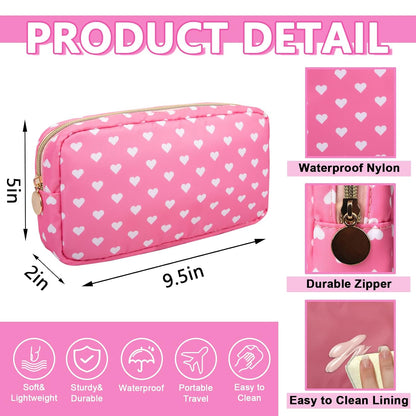 Small Makeup Pouch for Purse，Nylon Travel Toiletry Storage Cute Preppy Cosmetic Bag for Women Girls，Waterproof Makeup Organizer Pouch Skincare Purse with Zipper (Small-Pink Heart)
